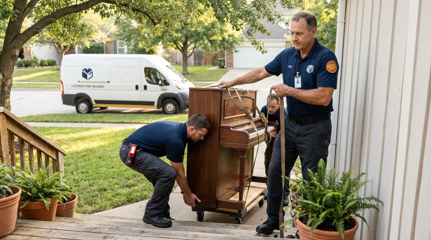 Licensed piano movers securing grand piano in Guildhall, VT