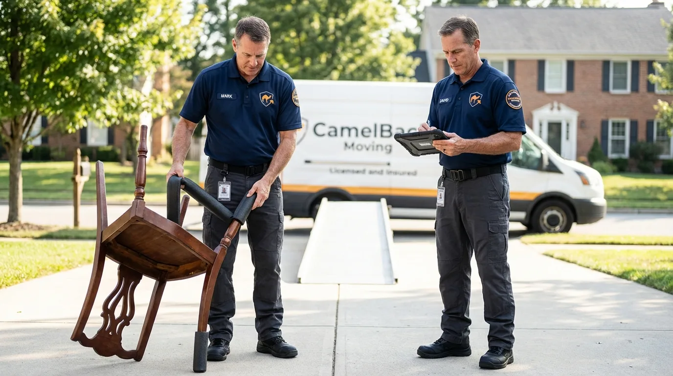 Movers inspecting furniture for damage prevention before loading in Guildhall, VT